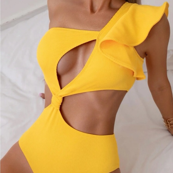 Rebellious Rose Other - Swim Chicsea One Shoulder Swimsuit With Hollow Out Detailing & Ruffled Hem
